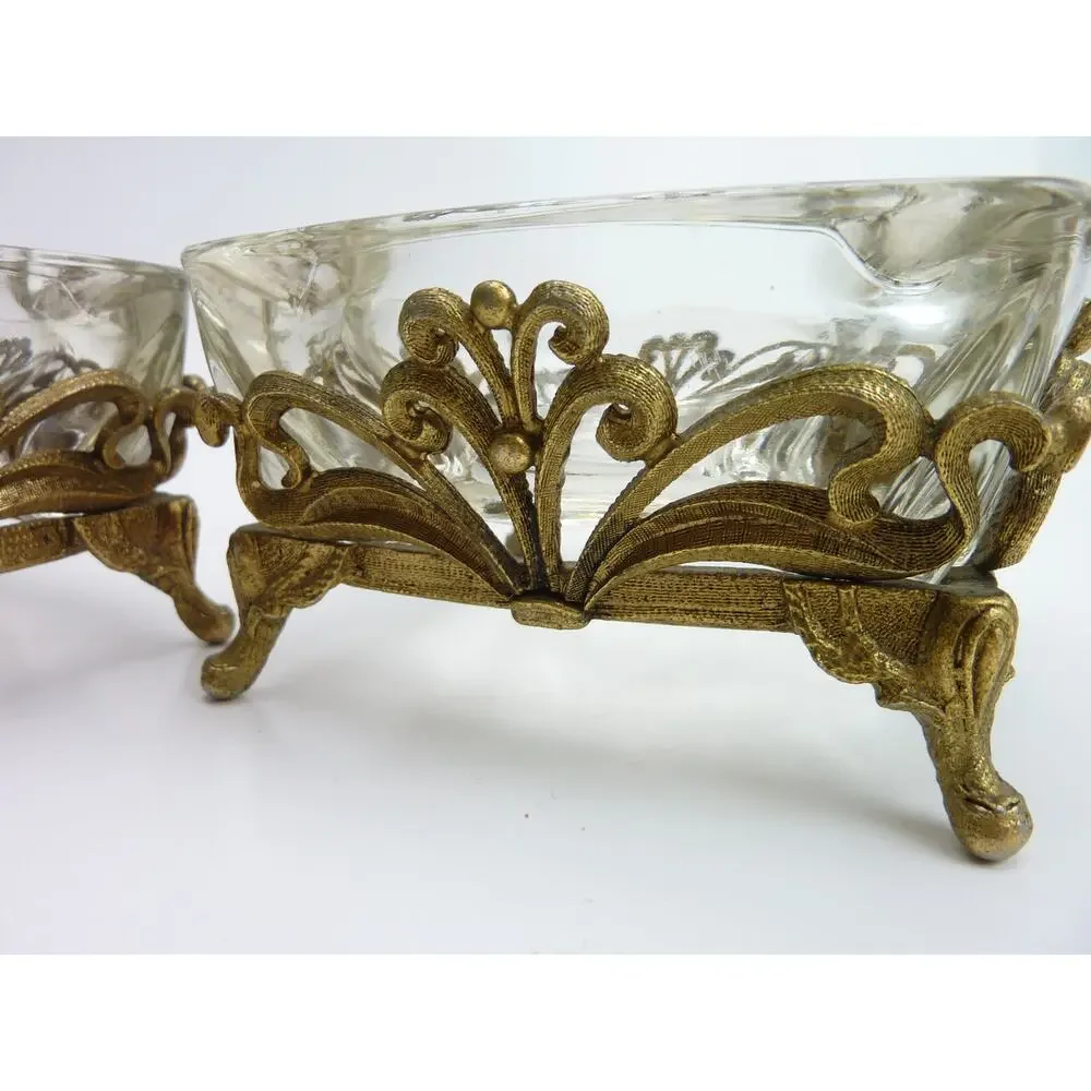 Vintage Hollywood Regency Glass Ashtrays Gold Filigree Jewelry Trinket Dishes